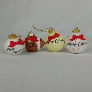 Lot of 4 Merry Christmas Ceramic Football Baseball Golf Tennis Ornament Red Bows